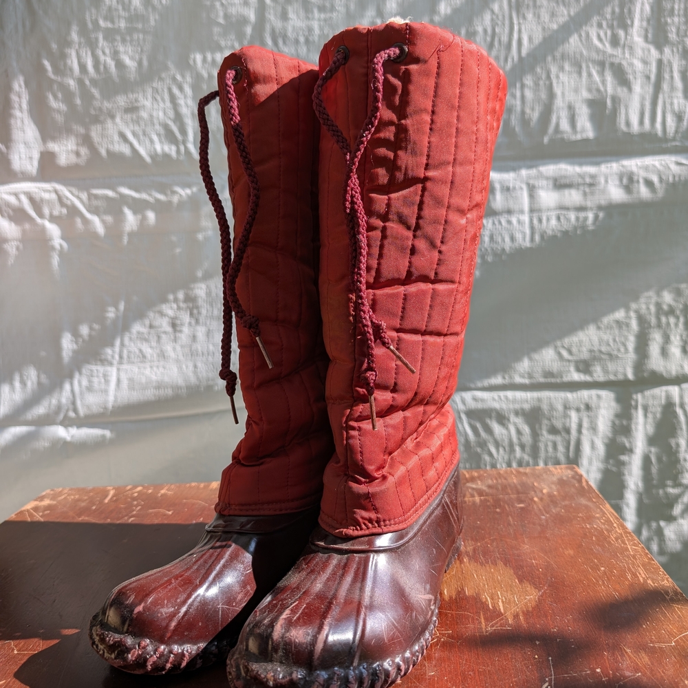 Red Quilted Tall Boots with Brown Rubber Soles
